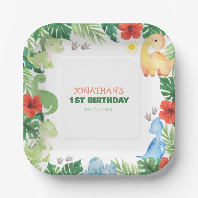 Assiettes En Carton Tropical Forest Dinosaur Kids Birthday (Recto)