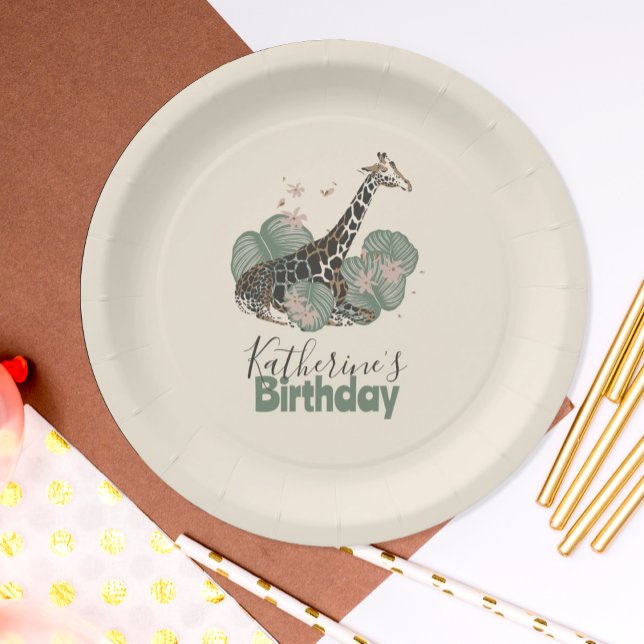 Assiettes En Carton Tropical Greenery Giraffe Animal Birthday Party (Créateur téléchargé)