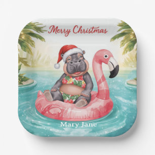 Assiettes En Carton Tropical Hippo Christmas Pool Party