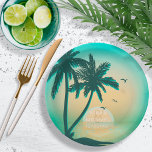 Assiettes En Carton Tropical Isle Sunrise Wedding Teal ID581<br><div class="desc">The thirst-quenching colors of teal, butter yellow and sea green give the pieces in this matching wedding design set some of it's irresistible appeal... the beautiful island palm trees, palm fronds, delicate birds in the sky and giant sunrise over sparkling water easily provide the rest. The paper plates shown here...</div>