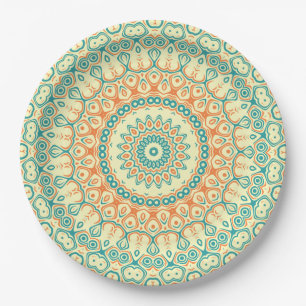 Assiettes En Carton Tropical Jaune Orange Turquoise Design Mandala