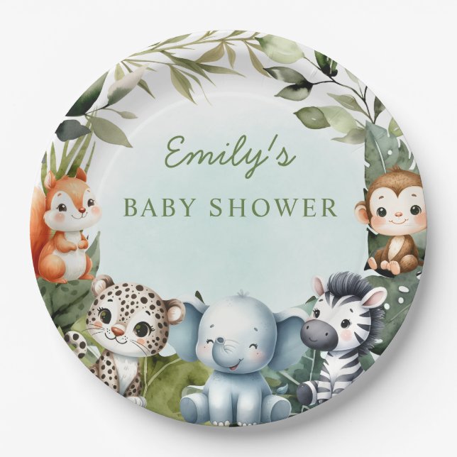 Assiettes En Carton Tropical Jungle Safari baby shower de verdure anim (Devant)
