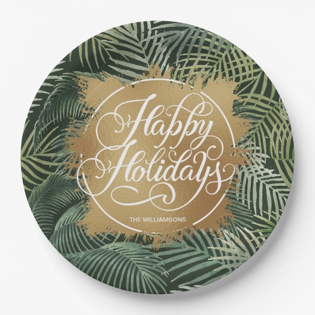 Assiettes En Carton Tropical Palms Gold Faux Foil (Devant)