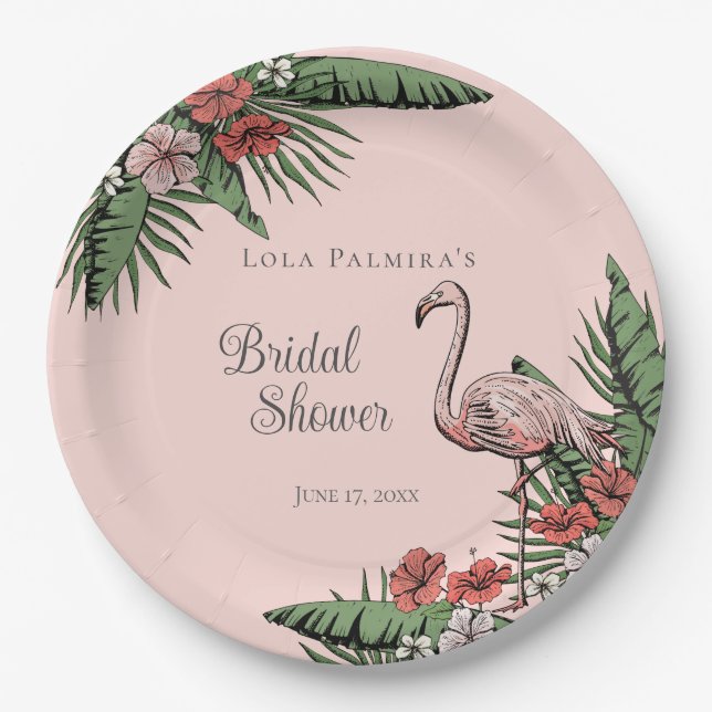Assiettes En Carton Tropical Pink Flamingo Hibiscus Fête de Mariage (Devant)