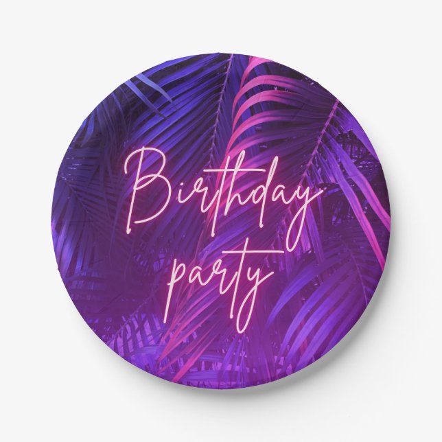Assiettes En Carton Tropical Purple Palm Leaf Birthday Party (Devant)