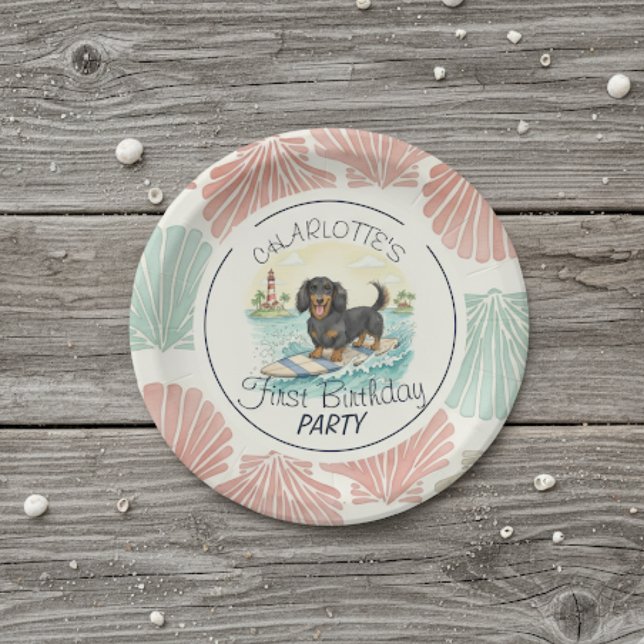 Assiettes En Carton Tropical The Big One Surf Dachshund anniversaire (Celebrate your little one’s special day with this Tropical The Big One Surf Dachshund Birthday!)