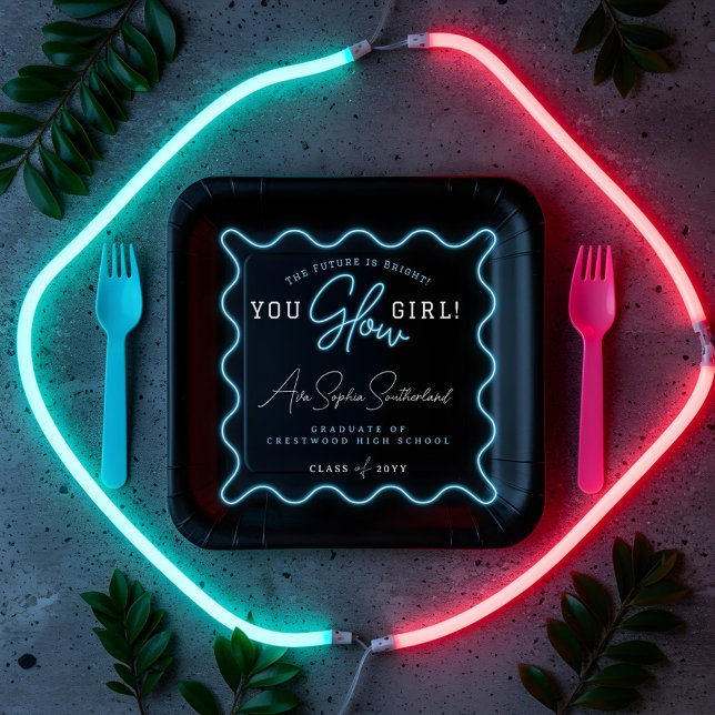 Assiettes En Carton Tu Glow Girl Retro Wavy Blue Neon Graduation (You Glow Girl Retro Wavy Blue Neon Graduation Paper Plates)