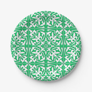 Assiettes En Carton Tuile marocaine - vert jade et blanc