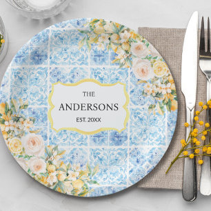 Assiettes En Carton Tuiles Bleues Méditerranéennes Fleur Citron Nom de