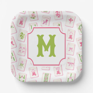 Assiettes En Carton Tuiles de Mahjong à l'aquarelle rose et vert avec