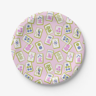 Assiettes En Carton Tuiles de Mahjong Preppy sur fond rose pastel