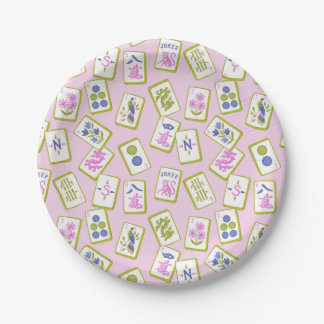 Assiettes En Carton Tuiles de Mahjong Preppy sur fond rose pastel