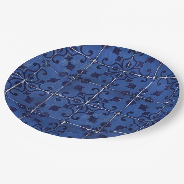 Assiettes En Carton Tuiles portugaises - Azulejo Blue Floral Leaf Desi (Angle)