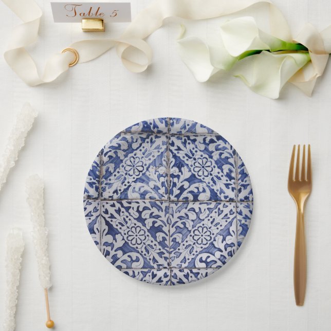 Assiettes En Carton Tuiles portugaises - Azulejo Floral bleu et blanc (Mariage)