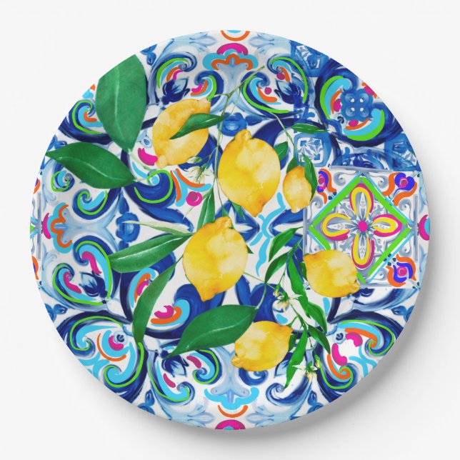 Assiettes En Carton tuiles siciliennes, citron, mosaïque, majolica, (Devant)