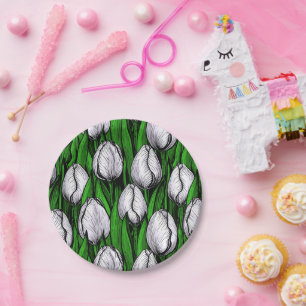 Assiettes En Carton Tulières blanches avec feuilles verts