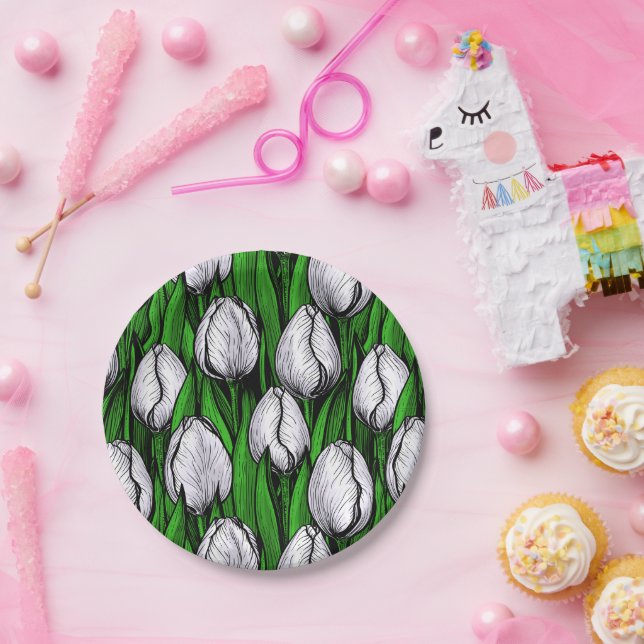 Assiettes En Carton Tulières blanches avec feuilles verts (Fête)