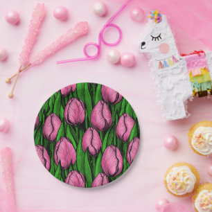 Assiettes En Carton Tulières roses avec feuilles verts