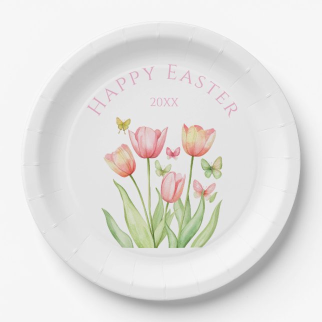 Assiettes En Carton Tulipe de Pâques joyeuse  (Devant)