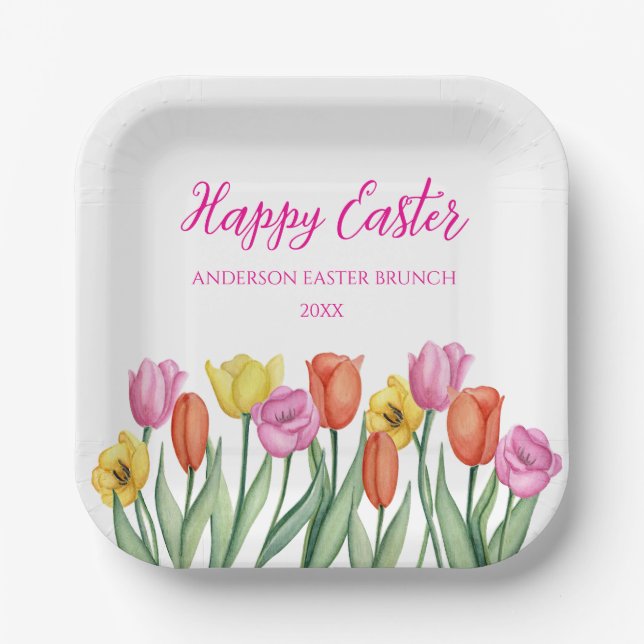 Assiettes En Carton Tulipe de Pâques joyeuse  (Recto)