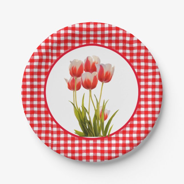 Assiettes En Carton Tulipe rouge avec Gingham (Devant)