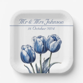 Assiettes En Carton Tulipes en bleu de Delft personnalisables