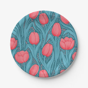 Assiettes En Carton Tulipes en bleu et rouge