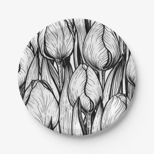 Assiettes En Carton Tulipes en noir et blanc