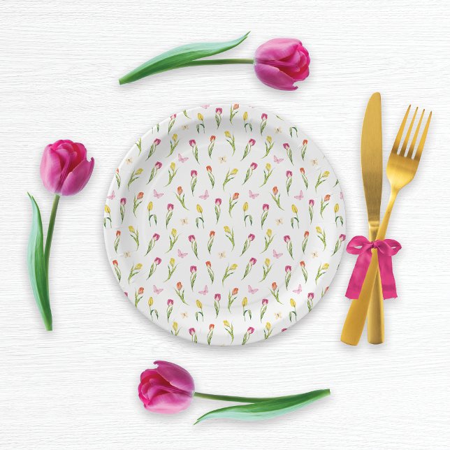 Assiettes En Carton Tulipes et papillons Motif blanc (Créateur téléchargé)