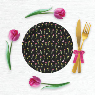 Assiettes En Carton Tulipes et papillons Motif noir