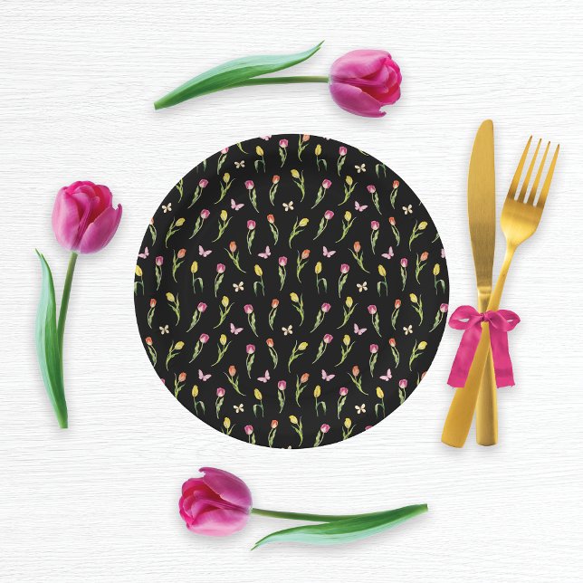 Assiettes En Carton Tulipes et papillons Motif noir (Créateur téléchargé)