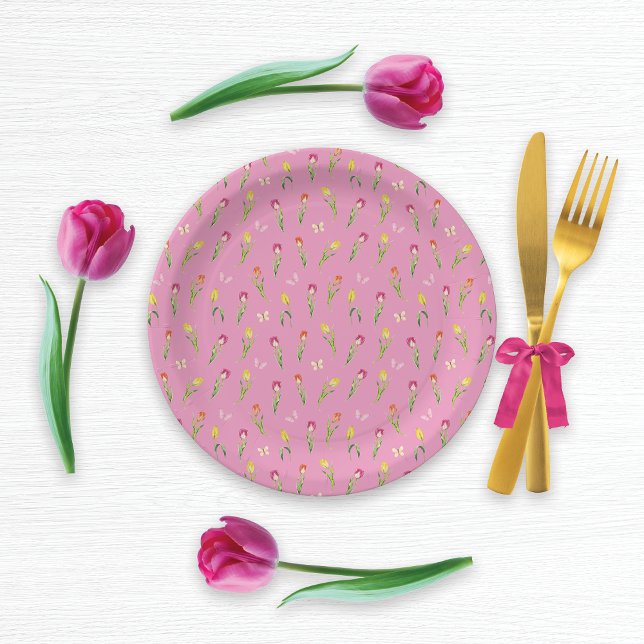 Assiettes En Carton Tulipes et papillons Motif rose (Créateur téléchargé)