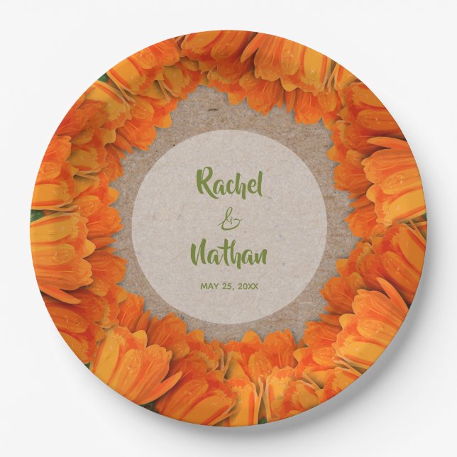 Assiettes En Carton Tulipes orange sur plaques de papier Motif Kraft (Devant)