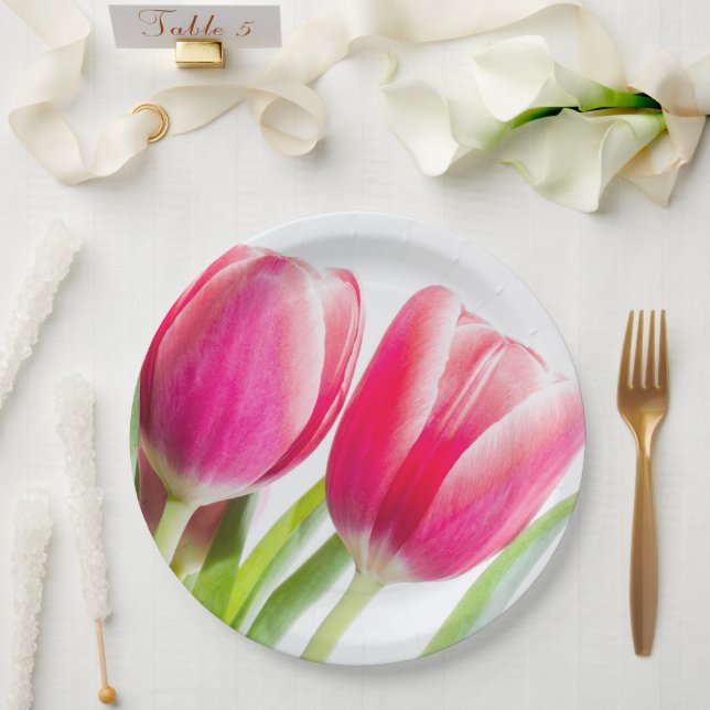 Assiettes En Carton Tulipes roses avec Feuille vert photo (Mariage)
