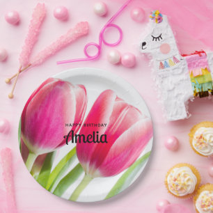 Assiettes En Carton Tulipes roses avec Feuilles verts Photo Anniversai