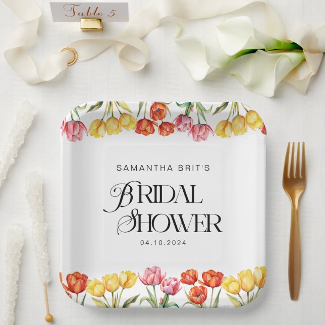 Assiettes En Carton Tulipes roses orange moderne douche de mariée flor (Mariage)