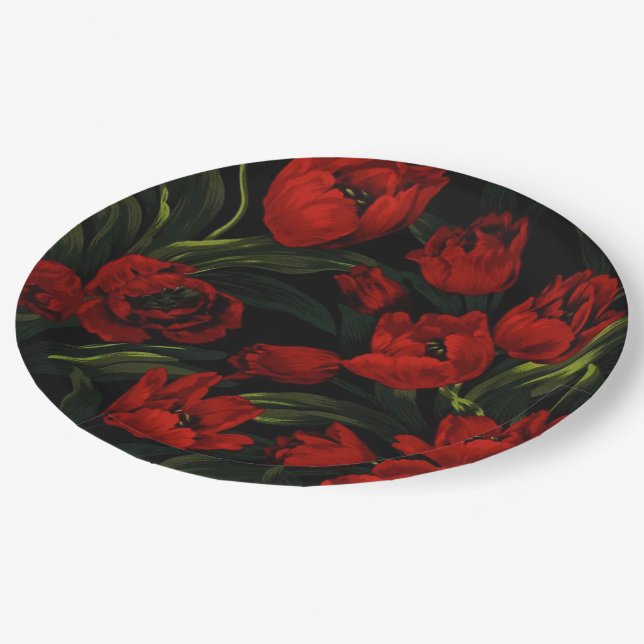 Assiettes En Carton Tulipes rouges en noir (Angle)