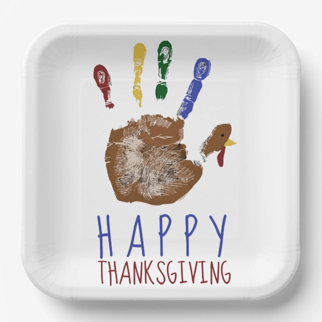 Assiettes En Carton Turkey Handprint Kid Happy Thanksgiving Cute  (Recto)