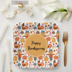 Assiettes En Carton Turquie et Scarecrow Thanksgiving Motif
