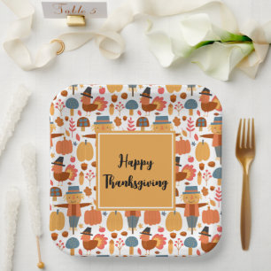 Assiettes En Carton Turquie et Scarecrow Thanksgiving Motif