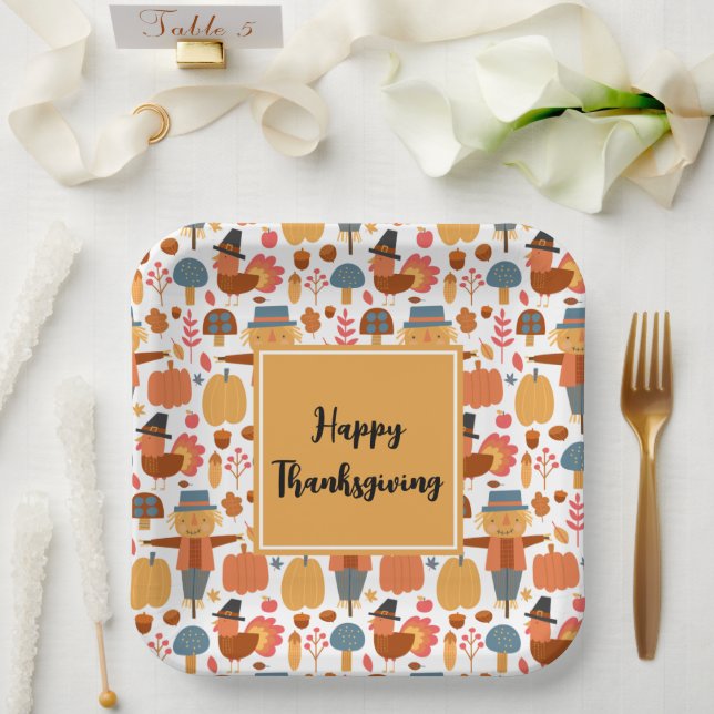 Assiettes En Carton Turquie et Scarecrow Thanksgiving Motif (Mariage)