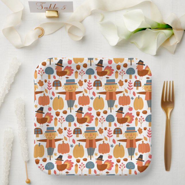 Assiettes En Carton Turquie et Scarecrow Thanksgiving Motif (Mariage)