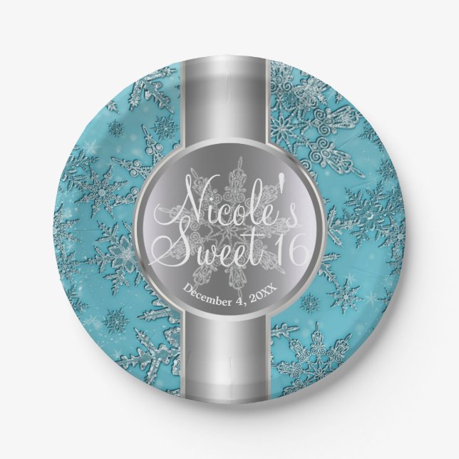 Assiettes En Carton Turquoise Aqua Snowflakes Winter Wonderland Party (Devant)