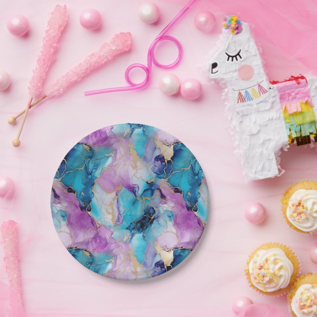 Assiettes En Carton Turquoise Aqua violet marbre or (Fête)