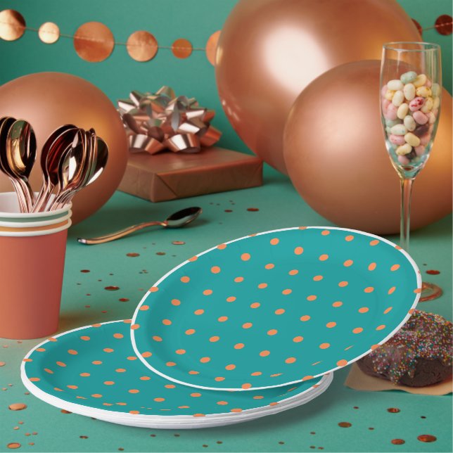 Assiettes En Carton Turquoise Blanc Brûlé Orange Pois (Multi)