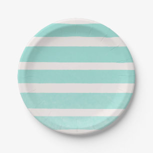 Assiettes En Carton Turquoise & Blanc Moderne Stripes Chic
