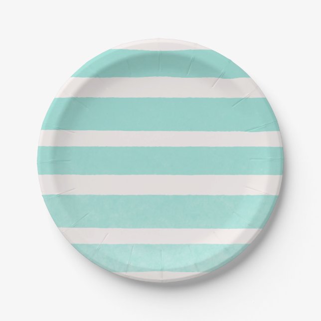 Assiettes En Carton Turquoise & Blanc Moderne Stripes Chic (Devant)