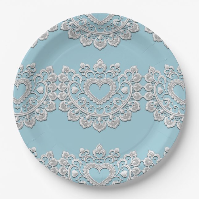 Assiettes En Carton Turquoise Bleu Blanc Broderie Anglaise Coeur Maria (Devant)