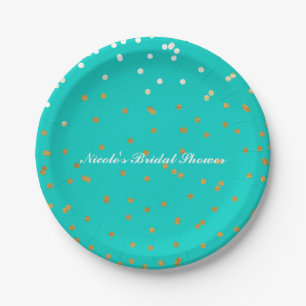 Assiettes En Carton Turquoise Bleu & Or Pailleté Confetti Points Moder