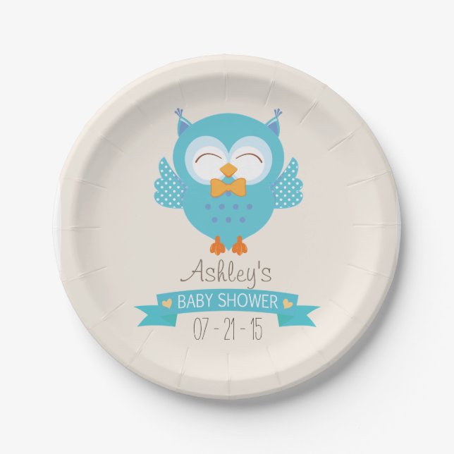 Assiettes En Carton Turquoise Bleu & Purple Boy Owl Baby shower (Devant)